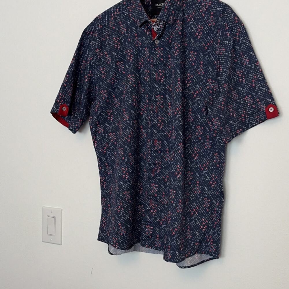 MACEOO Men 5XL Blue Red White Geometric Cotton Button-Up Short Sleeve Shirt - Picture 5 of 7